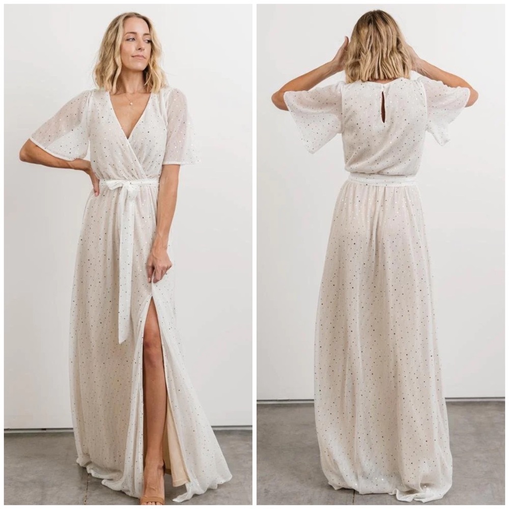 Baltic Born White Maxi Wrap Dress with Subtle Dot Detail